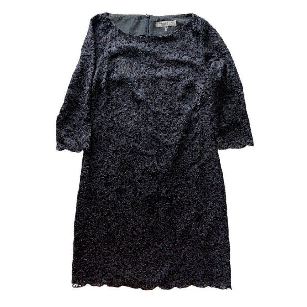 Trina Turk Black Floral Lace Overlay Dress Women’s 8 Whimsygoth 3/4 Sleeve Midi